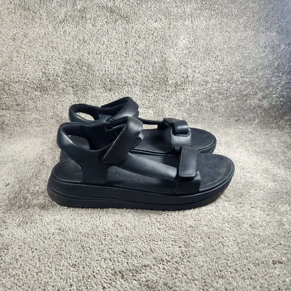 FitFlop Surff Adjustable Leather Back-Strap Sandals Black Womens 10